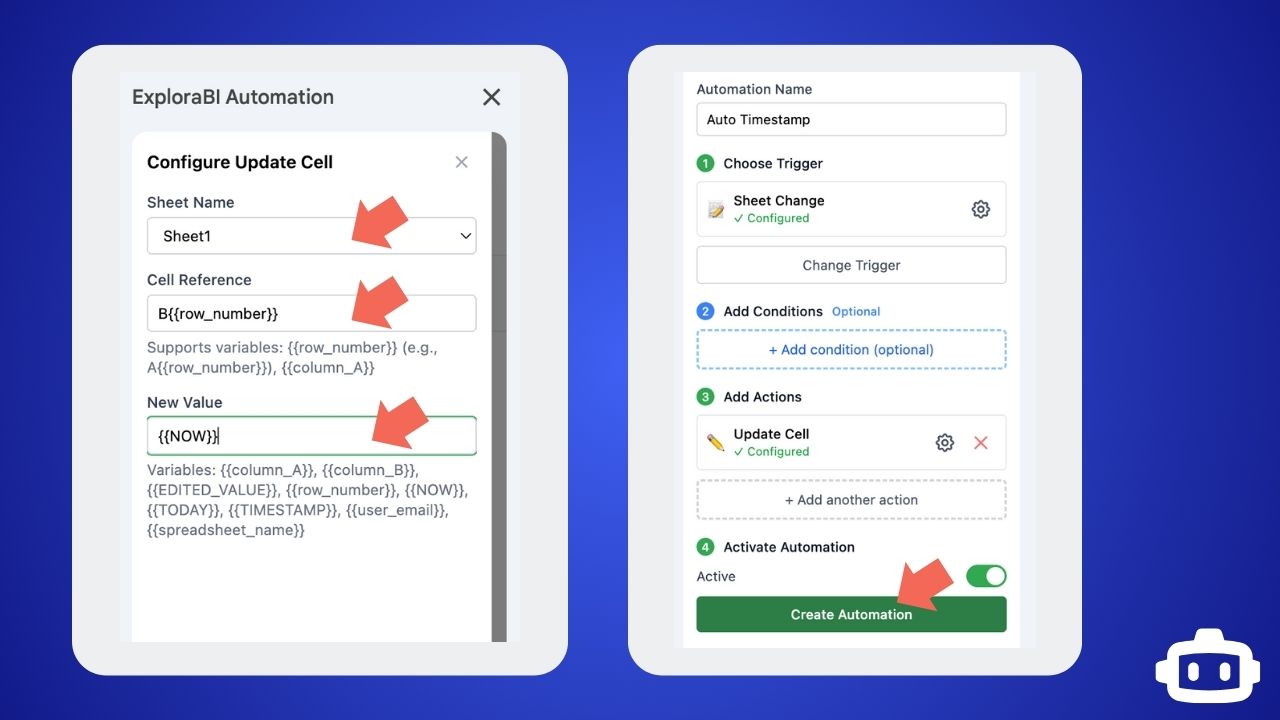 Description: Screenshot of the Update Cell action configuration with Cell Reference "B{{row_number}}" and New Value "{{NOW}}"