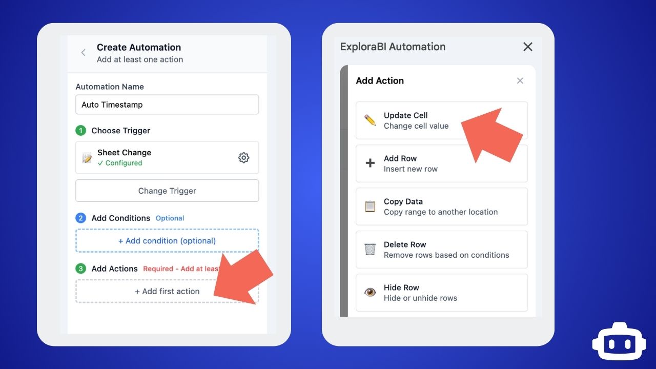 Description: Screenshot of the action selection modal with "✏️ Update Cell" option highlighted