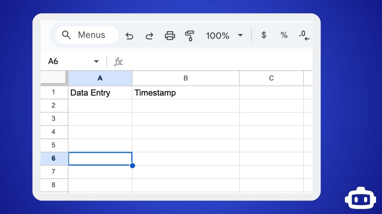 Screenshot of a Google Sheet with "Data Entry" in cell A1 and "Timestamp" in cell B1