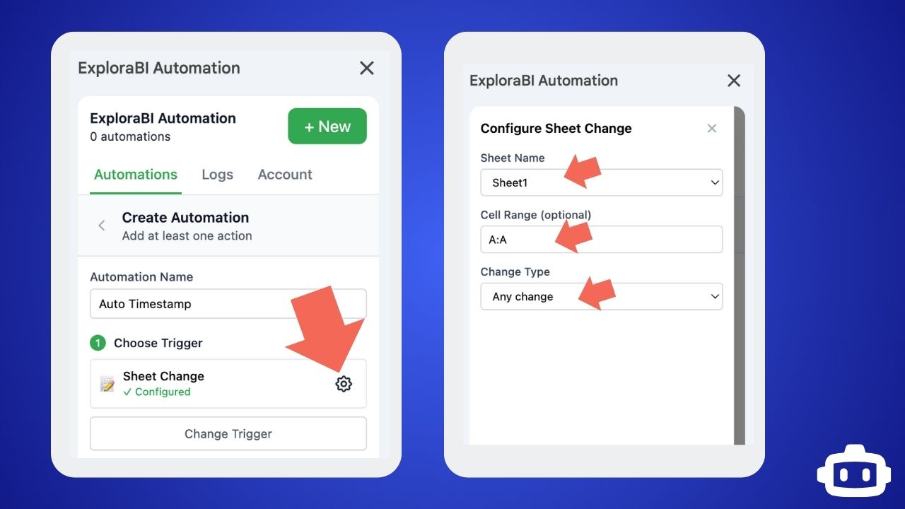 Description: Screenshot of the trigger configuration modal with Cell Range set to "A:A" and Change Type set to "Any change"
