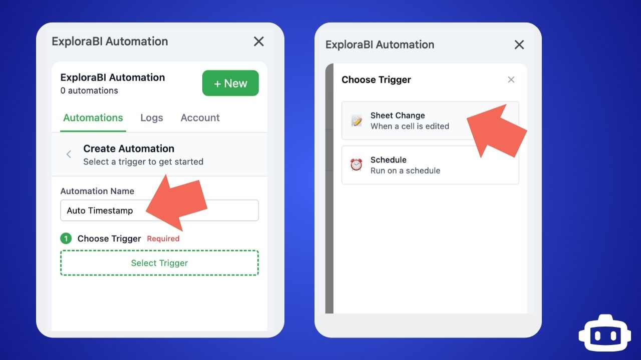 Screenshot of the automation creation form with "Auto Timestamp" entered as the name and Active toggle enabled