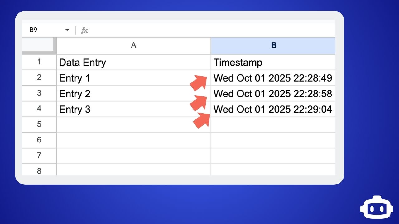 Description: Screenshot showing the completed automation working with test data in column A and automatic timestamps in column B