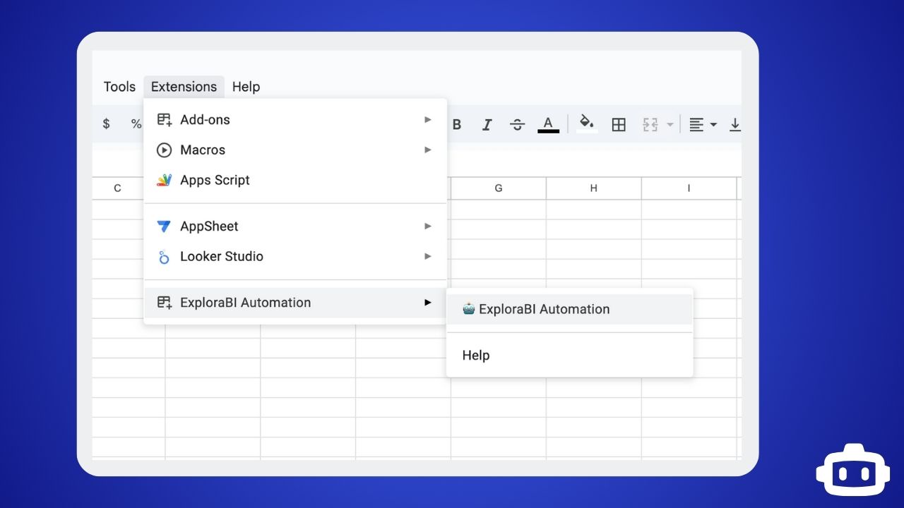 Screenshot showing the Google Sheets Extensions menu with the ExploraBI Automation option highlighted